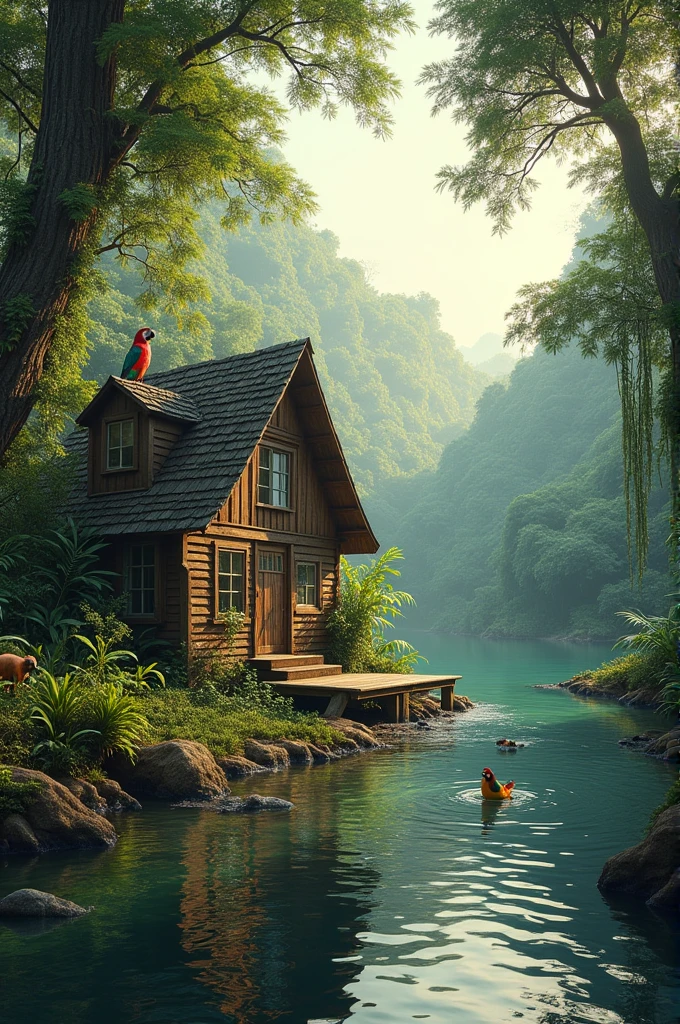 Natural landscape with a wooden house on the riverbank with Amazon animals 