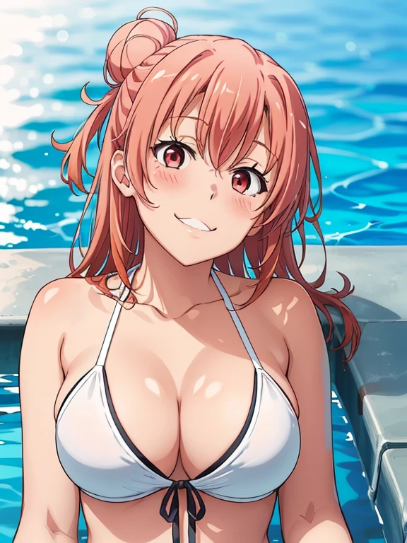 ((masutepiece, Best Quality, hight resolution, nffsw, Perfect Pixel, depth of fields, 4K, )), 1girl in, Solo, , Beautiful anime girl, Beautiful Art Style, 
very low view angle:1.3, view from below:1.5, swimming:1.3, pool,
Perfect body, smile face:1.5 shot from below:1.4, white bikini:1.3,
Yuigahama Yui, Hair bun, long hair, large breasts,
Full face blush, red face, 
straight on:1.3, medium shot