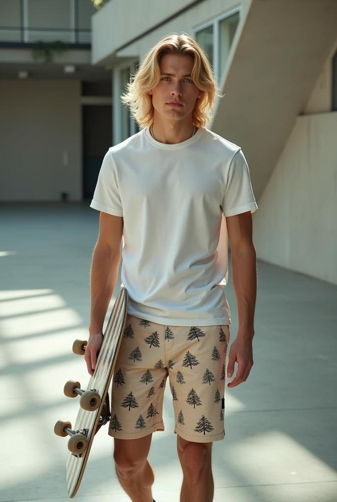Imagine a detailed hyperrealistic, blonde male model carrying a baker skateboard, 19 and, indoor skatepark, luxury , white t shirt, opal tree pattern shorts, preppy, real lighting perfect face, perfect body, canon eos r5