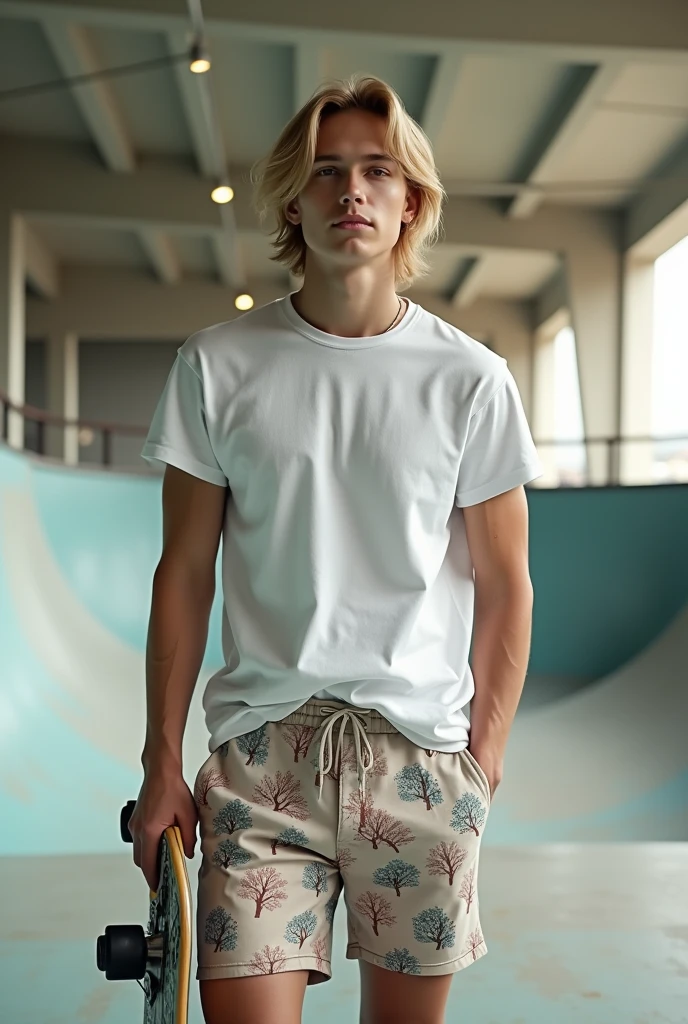 Imagine a detailed hyperrealistic, blonde male model carrying a baker skateboard, 19 and, indoor skatepark, luxury , white t shirt, opal tree pattern shorts, preppy, real lighting perfect face, perfect body, canon eos r5