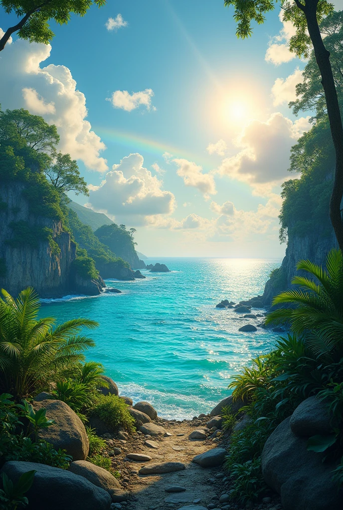 landscape,rainbow in the sky,A luxurious horizon,Sparkling seawater,Lush greenery,exotic plants,mysterious creature,Fantasy world,Enchanting atmosphere,shining sun,Soft clouds,dreamlike landscapes,magical aura,serenity and calm,Untapped beauty,A harmonious blend of tones,Endless wonders,Best quality,4K,8K,A high resolution,Masterpiece:1.2,Vibrant colors,