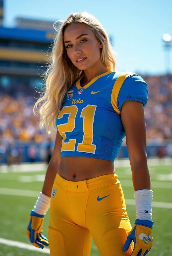 A photo of Anastasia Roxbury, a wide receiver for the female UCLA Bruins football team. Number 21. Blonde Sun kissed Cali girl