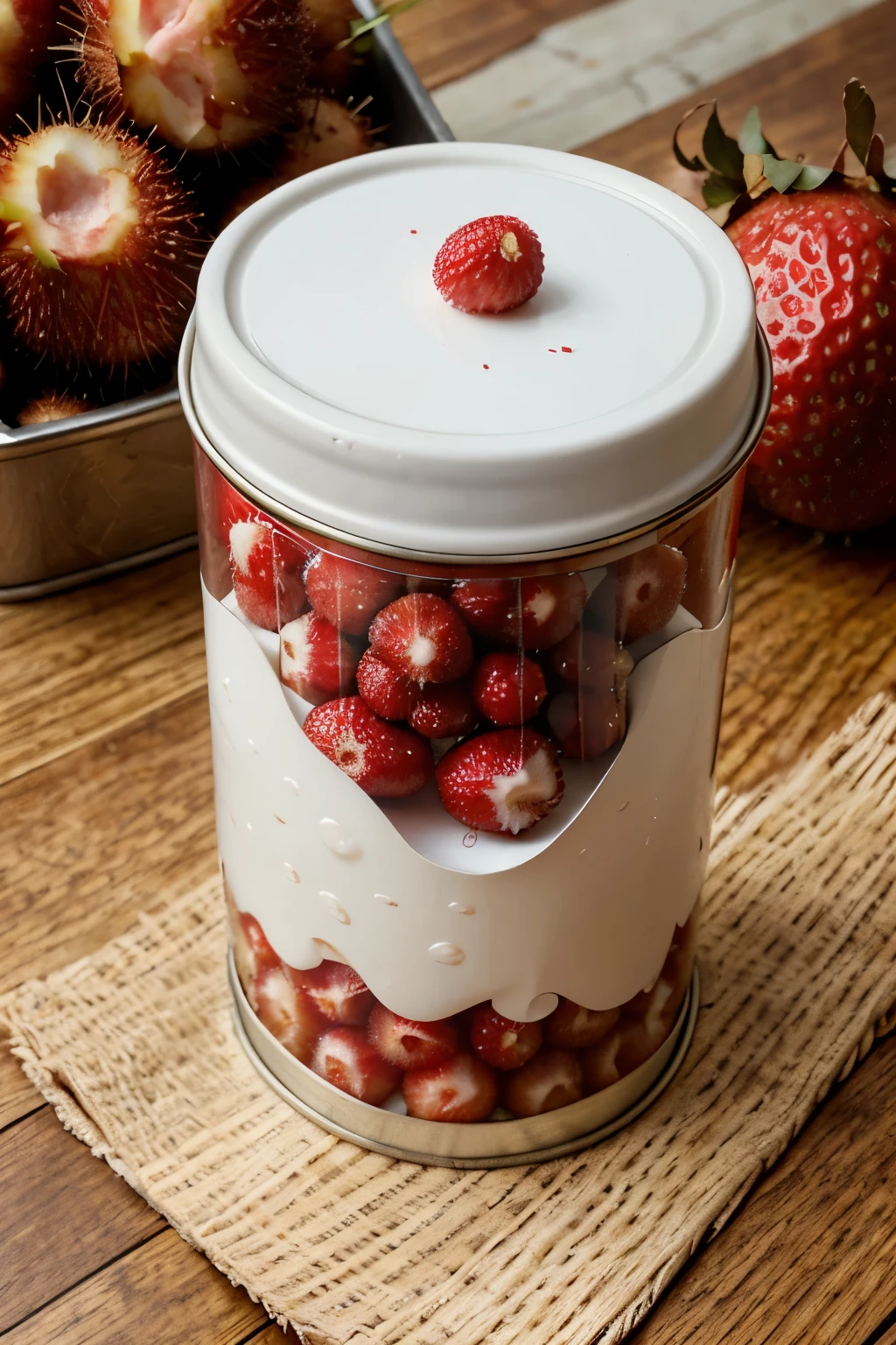 a tin container A standard-sized can, with a cylindrical shape and a white lid with a label that says: authentic tropical jams S.With a strawberry and a Chinese mamon (also known as rambutan) on the top raised from one side so that you can see the red and thick product with pieces of strawberries and Chinese mamon and on its sides strawberries and Chinese mamones (also known as rambutan)
