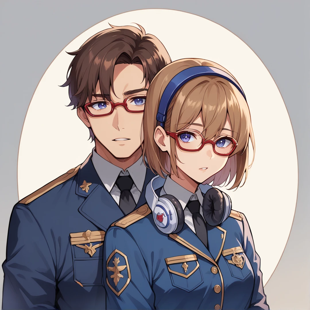 (masterpiece, best quality, very aesthetic, ultra detailed), 1 girl,intricate details,short brown / brunette haired, blue eyes, red frame glasses, kif uni blue uniform, 1guy, shaggy light brownish hair, purple eyes, headphones around neck, soft features, Blue university uniform, chocking girl softly from behind