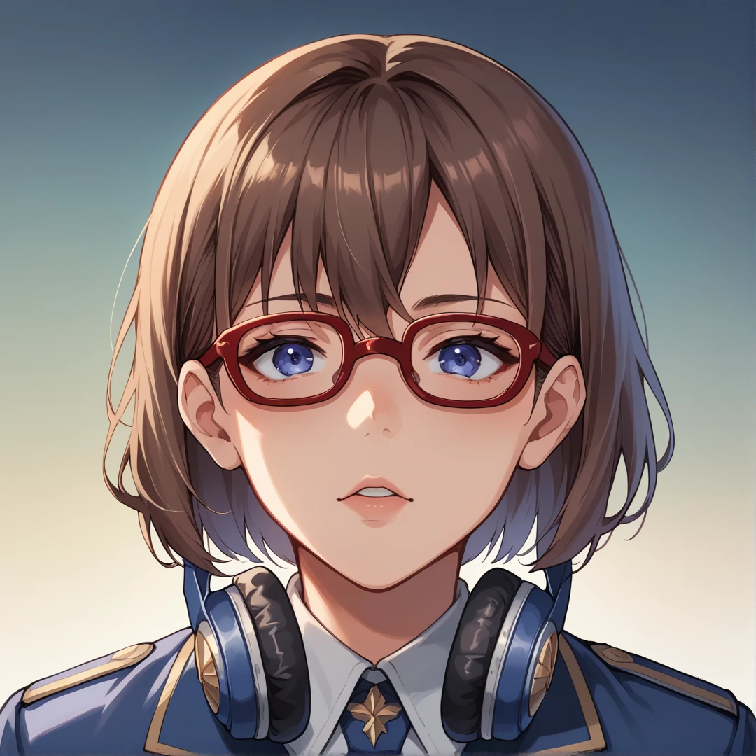 (masterpiece, best quality, very aesthetic, ultra detailed), 1 girl,intricate details,short brown / brunette haired, blue eyes, red frame glasses, kif uni blue uniform, 1guy, shaggy light brownish hair, purple eyes, headphones around neck, soft features, Blue university uniform, chocking girl softly from behind
