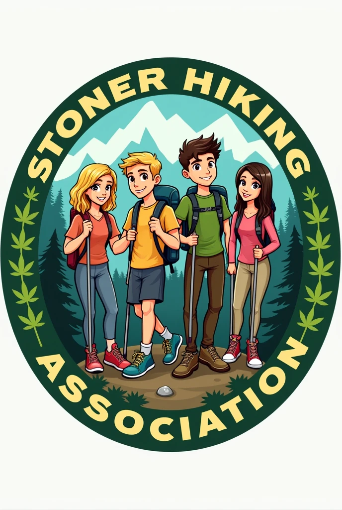 Round Logo for: Hiking club that smokes , with name "Stoner Hiking Association" around it, please include more weedn you make it cartoony (young adult grtwo girls (blonds) a really tall guy, a mefium high blond and a shorter brunette guy) and cool , fix spelling