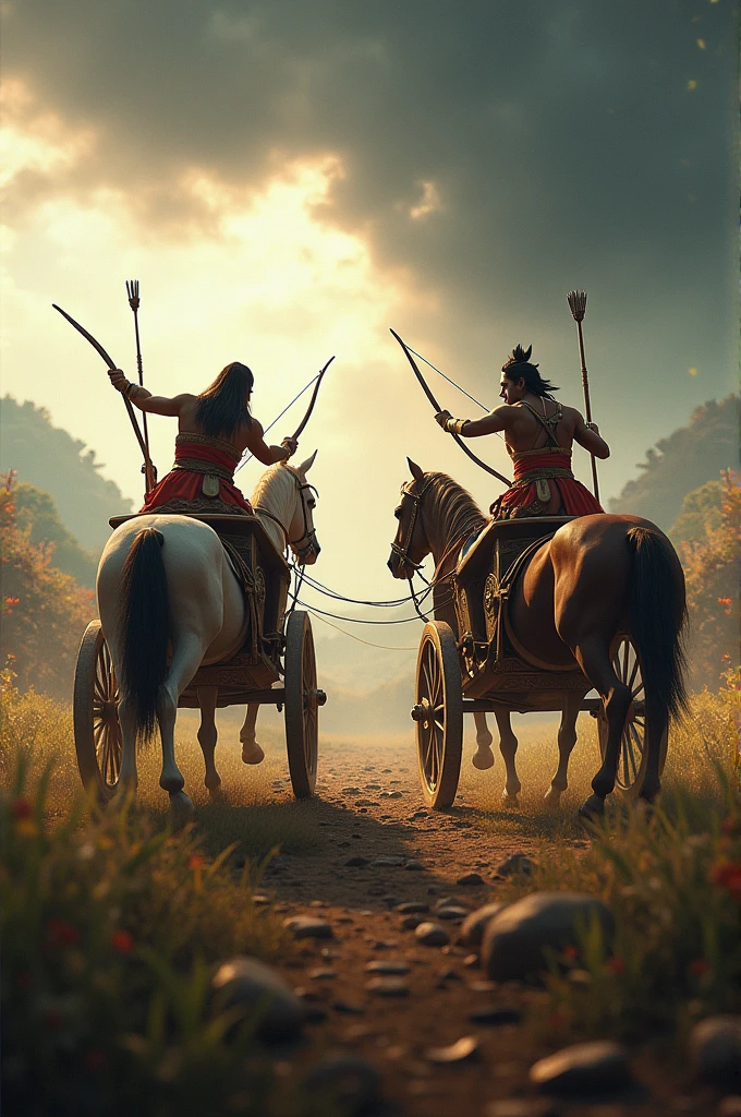 karna and Arjuna battle ground images with arrow they are oppositely sat on their radhas