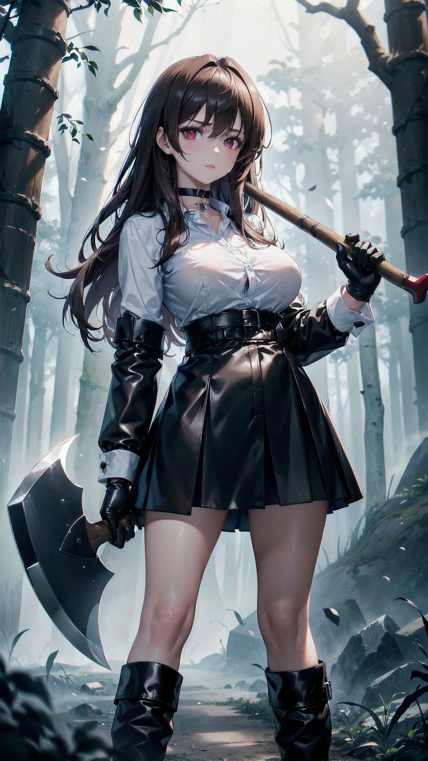 masterpiece, Superior image quality, High resolution, 4k image,Photo and gross, photorealistic, 1 young girl of 20 years old, standing, {Alone},{{{vagina}}}, big breasts, beautiful face, long dark brown wavy hair, scarlet red eyes, very detailed eyes, Expression of seriousness, choker:1.6, (white collar button down shirt white long sleeve), black gloves, gloves covering the hands, (holding an axe in his right hand), (black shiny black miniskirt), (black leather boots), sensual lips , show details in the eyes, view from front, Dark forest, at night, atmosphere, fog