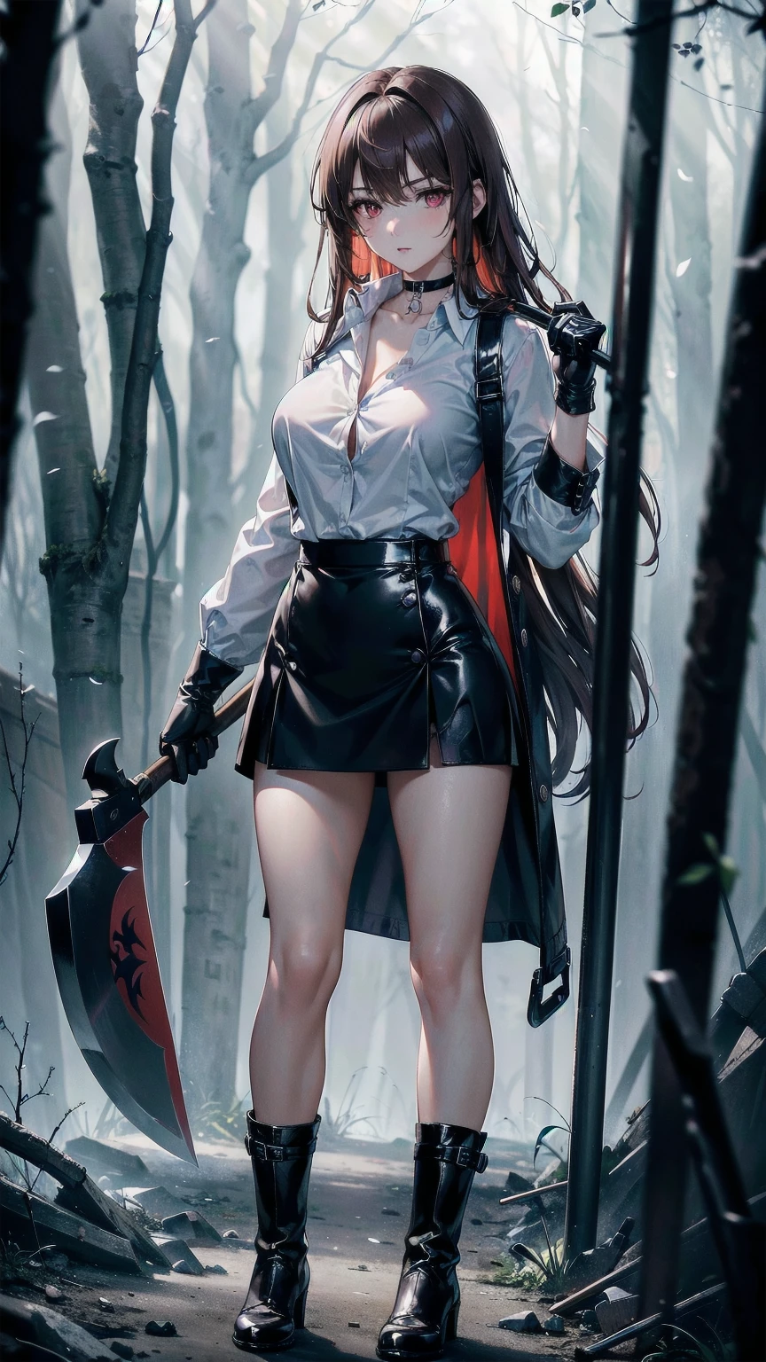 masterpiece, Superior image quality, High resolution, 4k image,Photo and gross, photorealistic, ung girl of 20 years old, standing, {Alone},{{{vagina}}}, big breasts, beautiful face, long dark brown wavy hair, scarlet red eyes, very detailed eyes, Expression of seriousness, choker:1.6, (white collar button down shirt white long sleeve), black gloves, gloves covering the hands, (holding an axe in his right hand), (black shiny black miniskirt), (black leather boots), sensual lips , show details in the eyes, view from front, Dark forest, at night, atmosphere, fog