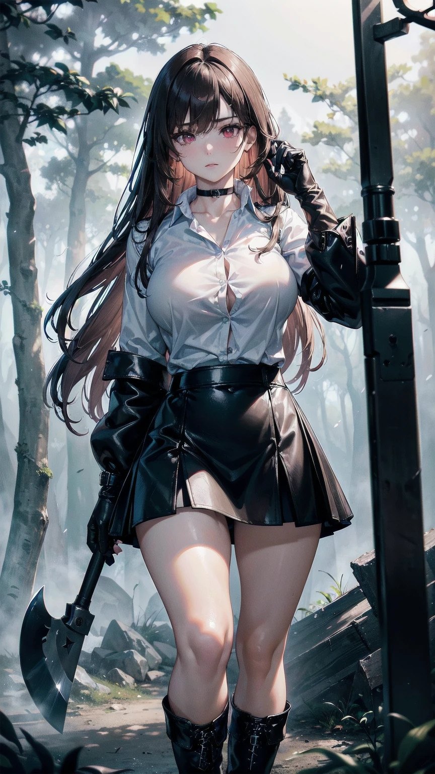 masterpiece, Superior image quality, High resolution, 4k image,Photo and gross, photorealistic, 1 young girl of 20 years old, standing, {Alone},{{{vagina}}}, big breasts, beautiful face, long dark brown wavy hair, scarlet red eyes, very detailed eyes, Expression of seriousness, choker:1.6, (white collar button down shirt white long sleeve), black gloves, gloves covering the hands, (holding an axe in his right hand), (black shiny black miniskirt), (black leather boots), sensual lips , show details in the eyes, view from behind, perfect ass, Dark forest, at night, atmosphere, fog