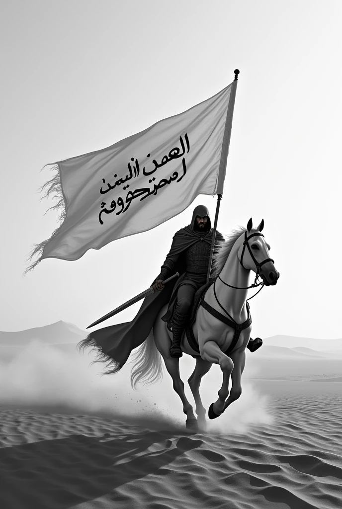 Jihad on running horse with white flag written LA ILAHA ILLALLAH MUHAMMADUR RASULULLAH IN ARABIC In Arabic on it also one arm with sword on desert
Try to make it with black and white combination
Dark theme
