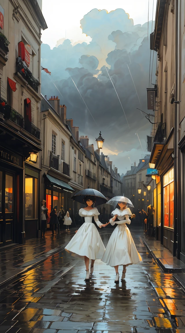 a stormy rainy scene in 19th century paris, edwardian women in white dresses, watercolor painting style, dramatic sky, rain, puddles, cobblestone streets, vintage architecture, overcast mood, dramatic lighting, painterly brushstrokes, muted color palette, soft focus, impressionistic, detailed, masterpiece