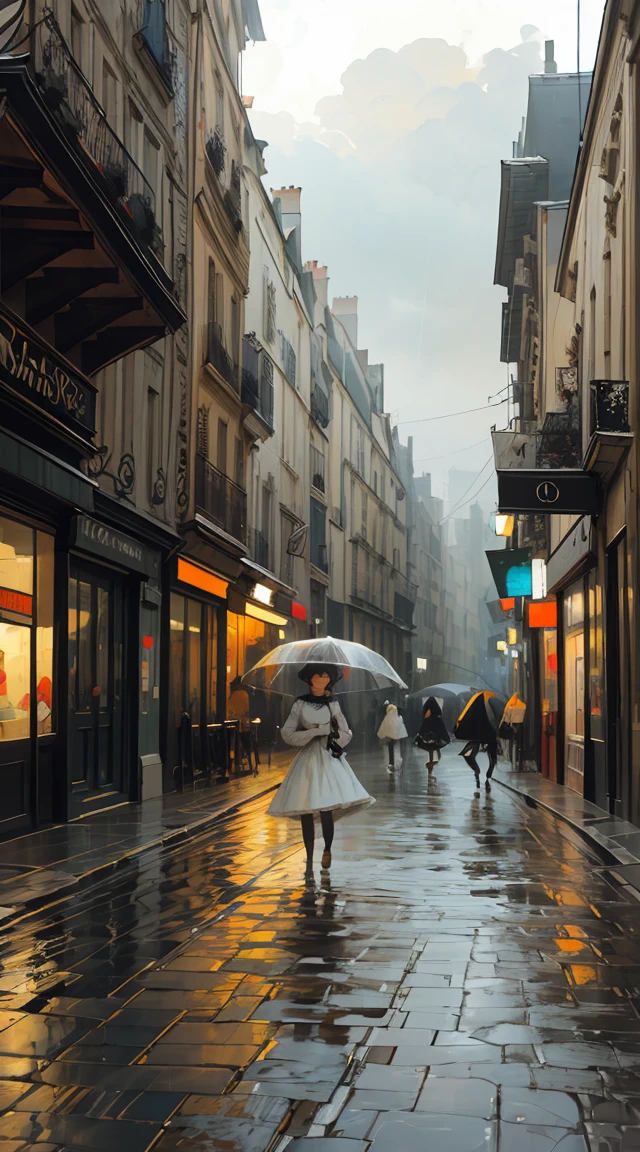 a stormy rainy scene in 19th century paris, edwardian women in white dresses, watercolor painting style, dramatic sky, rain, puddles, cobblestone streets, vintage architecture, overcast mood, dramatic lighting, painterly brushstrokes, muted color palette, soft focus, impressionistic, detailed, masterpiece