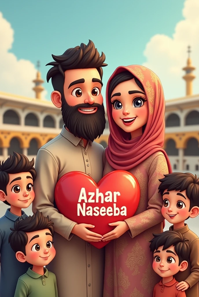 My beautiful hijab wife with me a cartoon image. Background with kaba, i have long Beard and with out hijab. In our hand have a heart and its inside 2 names Azhar and Naseeba, around our 10 s