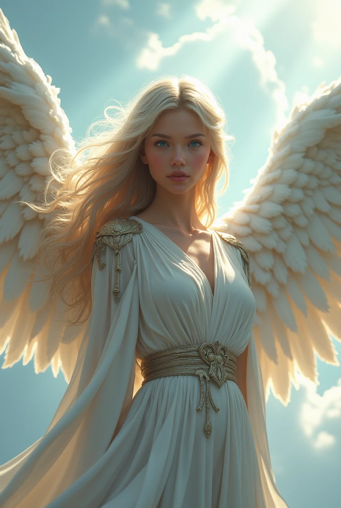 beautiful sexy angel warrior young woman with long blonde hair and blue eyes, among the clouds, volumetric light