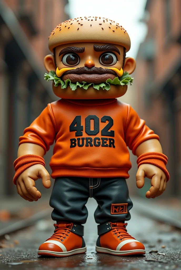 Design a doll with the ingredients of a hamburger with eyes and that on its clothing there is a phrase that says 402 BURGER, with an urban style and orange color that is masculine 