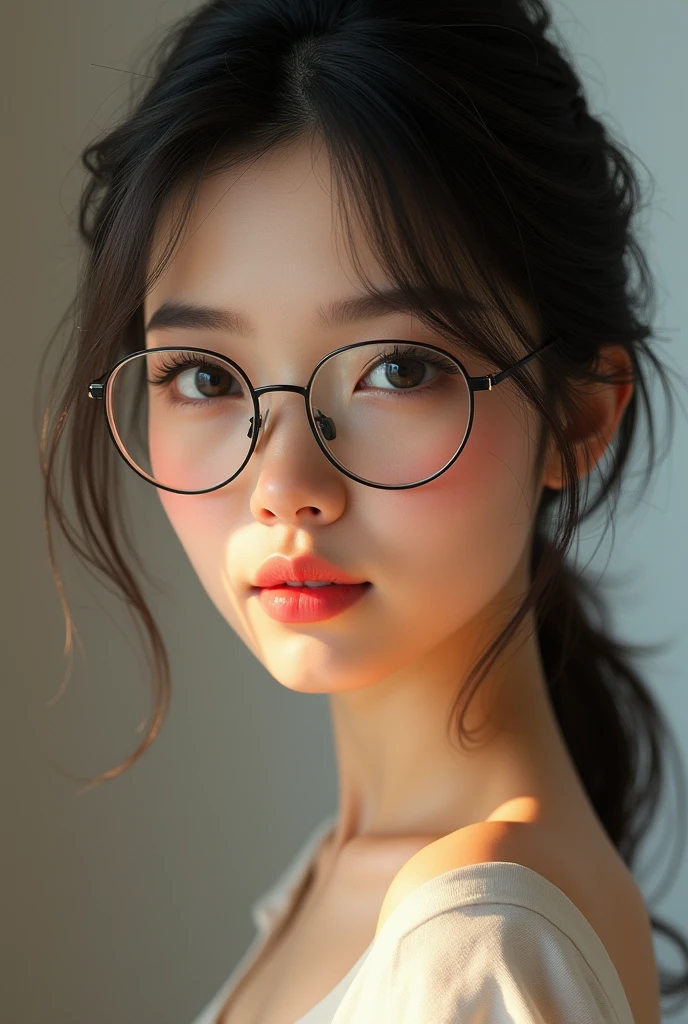 A cute Thai girl with glasses, fair skin, and a proud face. A slim face
