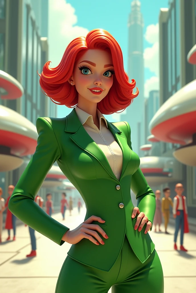 Robotina from the Jetsons with red hair and a green blazer