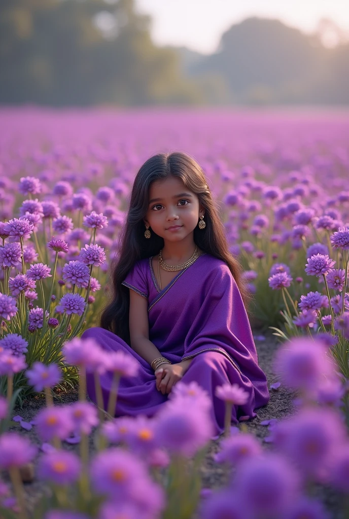 beautiful field with flowers, many flowers with purple shade. there in the flowers sits a girl of Indian origin, slightly dark-skinned in a purple beautiful sari. reality, realism many