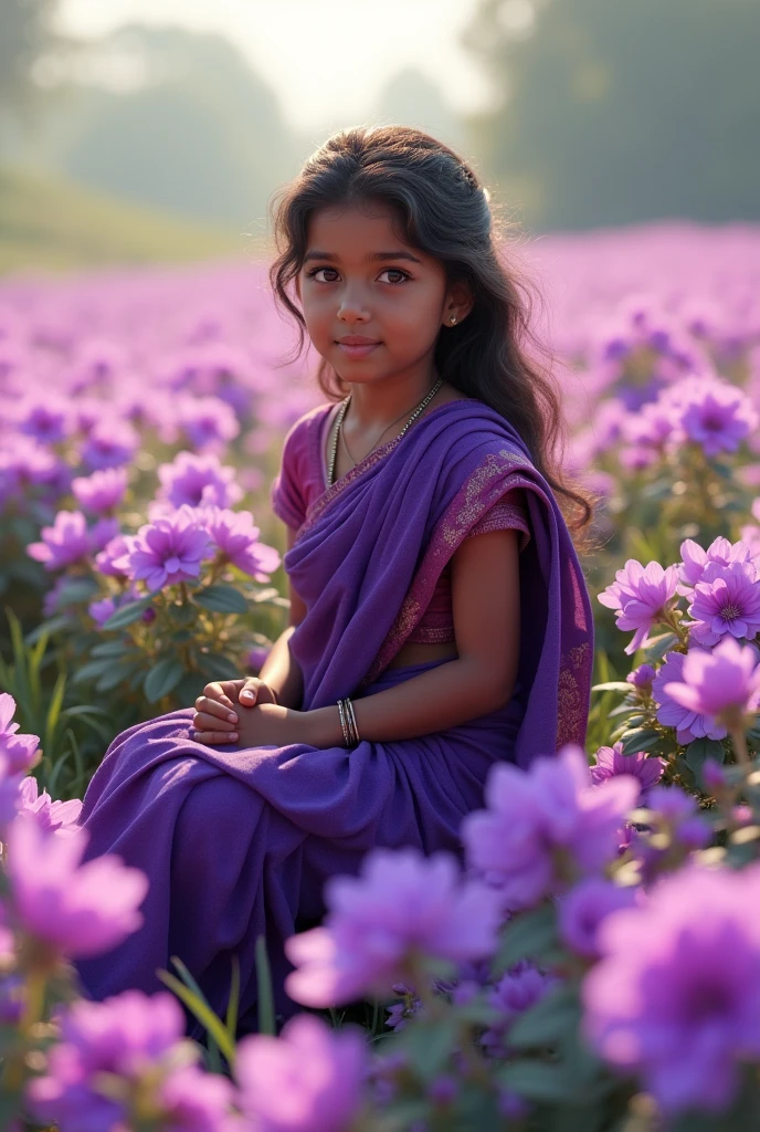 beautiful field with flowers, many flowers with purple shade. there in the flowers sits a girl of Indian origin, slightly dark-skinned in a purple beautiful sari. reality, realism many