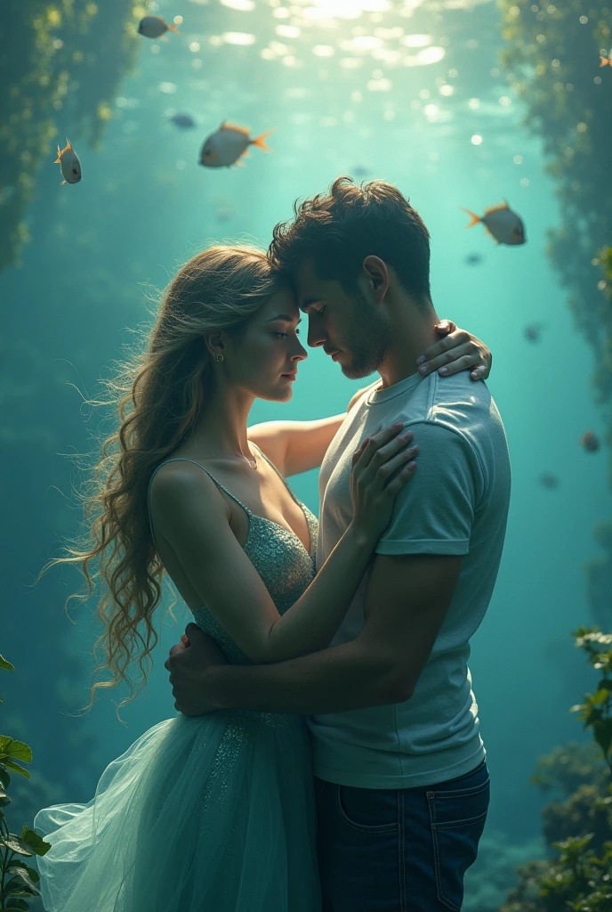 Mermaid hug with man