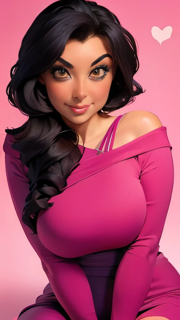 1girl, mature, black hair, perfect brown eyes, large breasts:1, heart-patterned magenta dress, simple background,