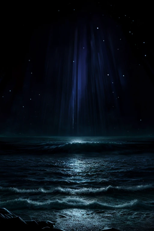 8k, Highest quality, masterpiece, Super detailed, Ultra-high resolution, Midnight, darkness, coastal, Water&#39;s Edge, One dog, Black Dog, I'm sucking a stick