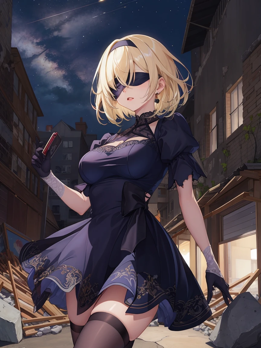 Portrait, official art, best masterpiece, best quality, best resolution, 8K, best detailed, perfect anatomy
BREAK
Open Stance, standing, attractive pose
BREAK
Serious face
BREAK
aizawa ema, short hair, (gradient hair:1.2), blond hair, (large breasts:1.2), solo, 1woman, (black Blindfold, black dress:1.2), Black hair band
BREAK
(Apocalypse, Collapsed ruins, torn stone pillars), (night, midnight, darkness:1.4), dust, dust, light particles, facing to viewer, very fine and detailed 16KCG wallpapersrs