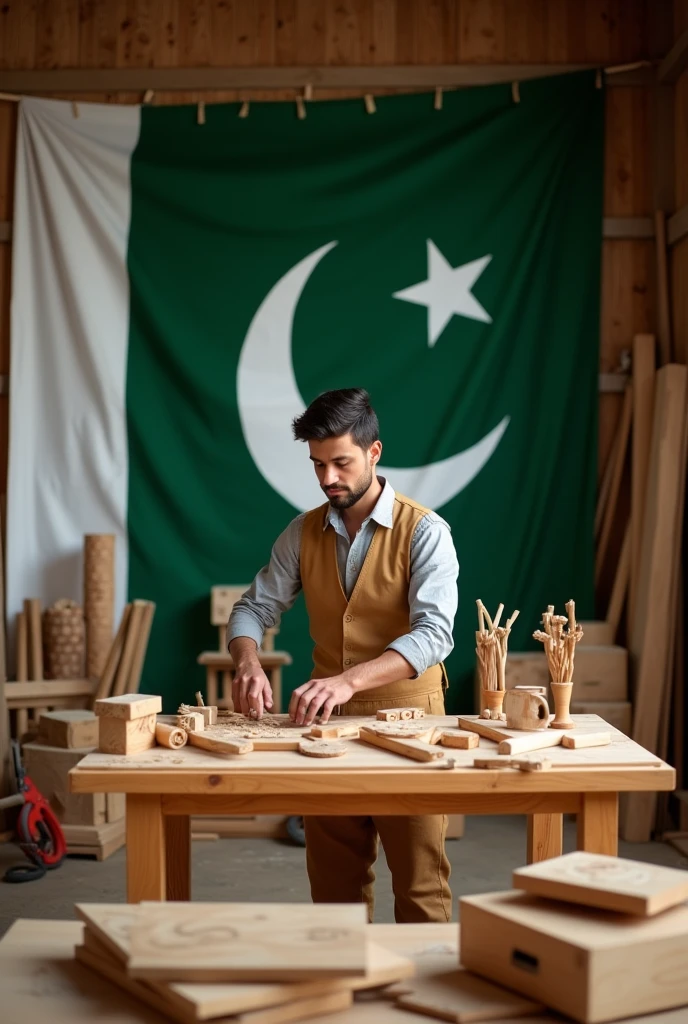 Creat and Instagram reel for furniture brand on happy independence day of Pakistan 14 august, use wooden prob , add carpenter without beard working with wood cutting , add Pakistan flag  in background,  