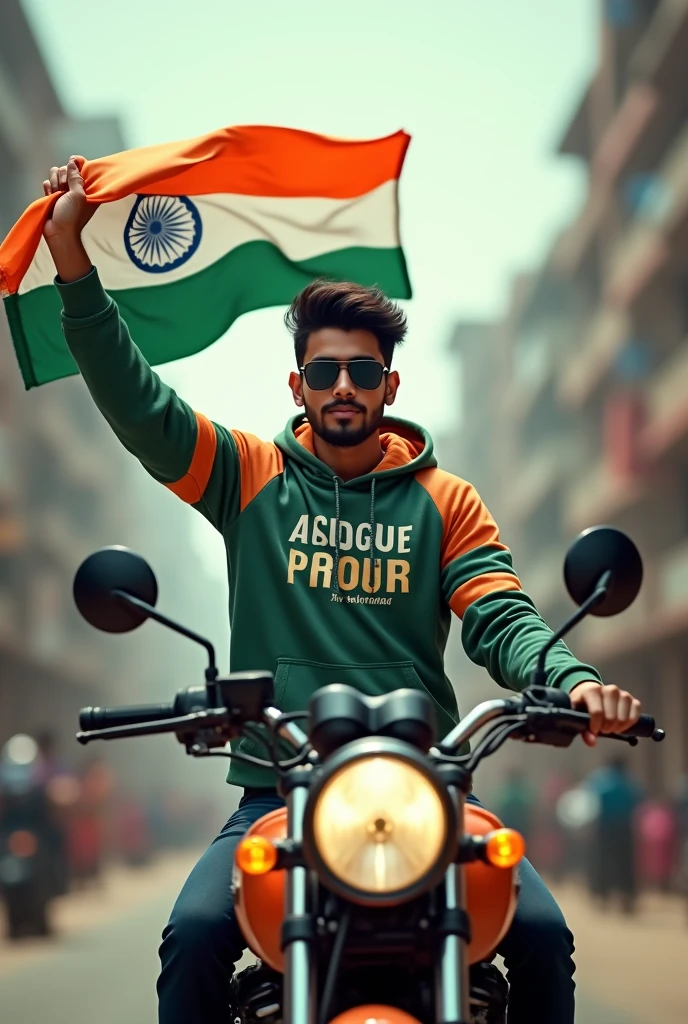 Realistic image of an Indian city road in the background. A beautiful young man stands through the hood of a Thar bullet bike, holding a 15 August Indian flag. He is dressed in a 15 August-themed hoodie and pants with ‘Mustafijir’ printed on the hoodie, wearing black sunglasses. The scene is vibrant and patriotic, capturing the essence of India’s Independence Day.”