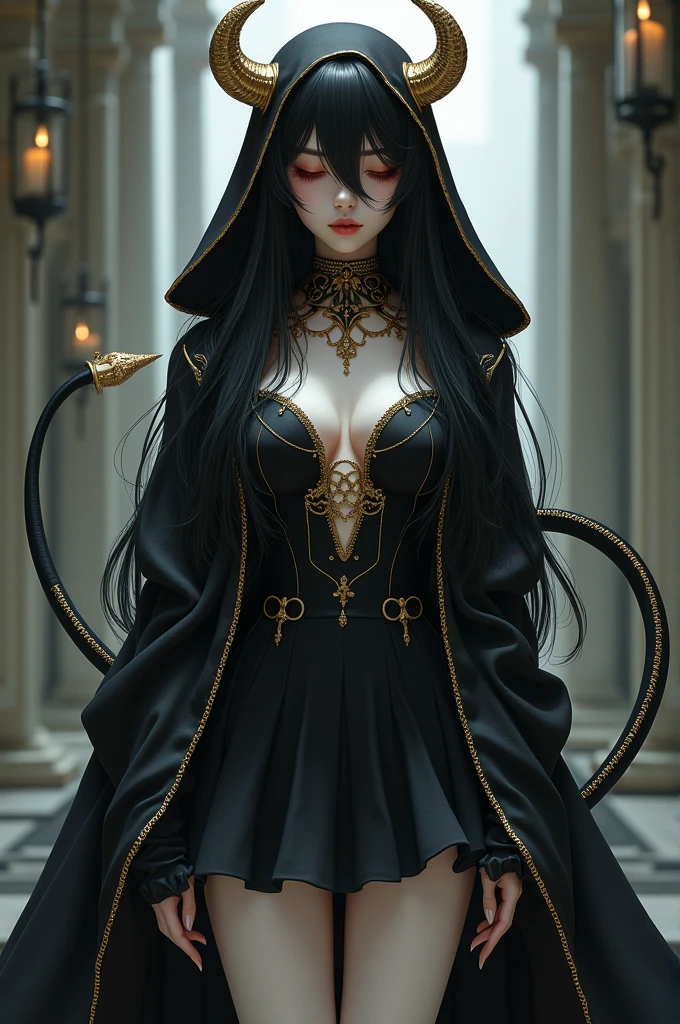 A girl with pale skin, wearing a black top ((soft fabric with gold chain details)), black skirt, white tights, wearing black boots, with long black hair, eyes closed ((red outlined)) , wearing a black cape with a hood with golden horns, a long black tail with small golden chains wrapped around it