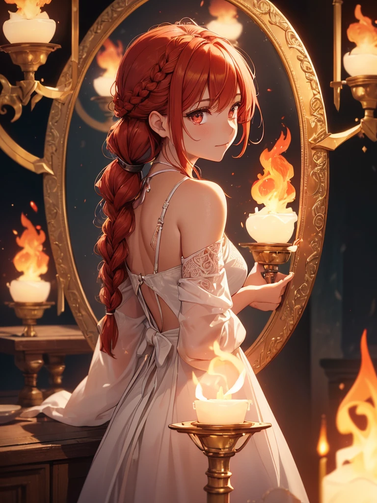 (((best quality, sharp image, clear image, cinematic lighting, 8k resolution, masterpiece, ultra detailed, intricate))) Girl, (((looking over shoulder))),shot from behind, sorcerer, cute, fiery red hair, pigtails, (intricate dress), (white dress), braided hair, ribbons in hair, smiling, fiery red, ((intricate Portal frame)), ((fire magic)), candles, ((glowing runes on skin)), (intricate flame patterns), fiery lotus blossom