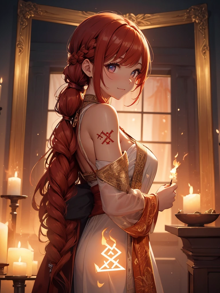 (((best quality, sharp image, clear image, cinematic lighting, 8k resolution, masterpiece, ultra detailed, intricate))) Girl, (((looking over shoulder))),shot from behind, sorcerer, cute, fiery red hair, pigtails, (intricate dress), (white dress), braided hair, ribbons in hair, smiling, fiery red, ((intricate Portal frame)), ((fire magic)), candles, ((glowing runes on skin)), (intricate flame patterns), fiery lotus blossom