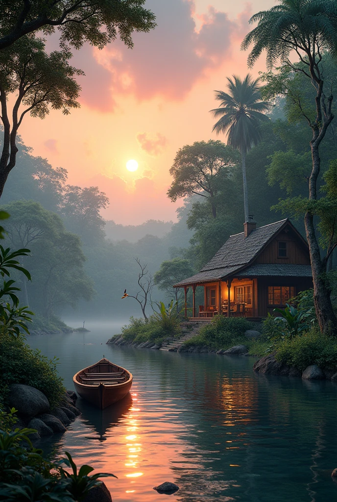 Natural landscape with a wooden house on the riverbank with Amazon animals with a pinkish orange sunset and a canoe and the image lying down