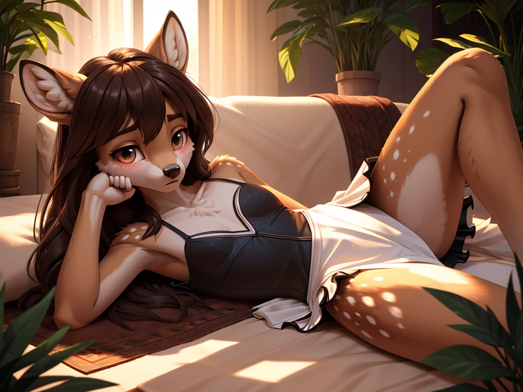 beautiful, (masterpiece), high quality, Highly detailed CG Unity 8k wallpaper, High resolution, perfect lighting, youthful, adolescent, tall, slim, skinny, frail slender figure, slim legs, medium breasts, furry deer character, huge sharp antlers, distinctly feminine figure, narrow hips, long legs, thick, fluffy, volumetric fur, sports bra, cinematic high fidelity, golden fur with black spots, black hair in a high ponytail, close up angle, glamour pose, low angle, sweaty, intimate, looking at camera, deep detailed brown eyes, detailed fluffy fur, fluffy fur texture