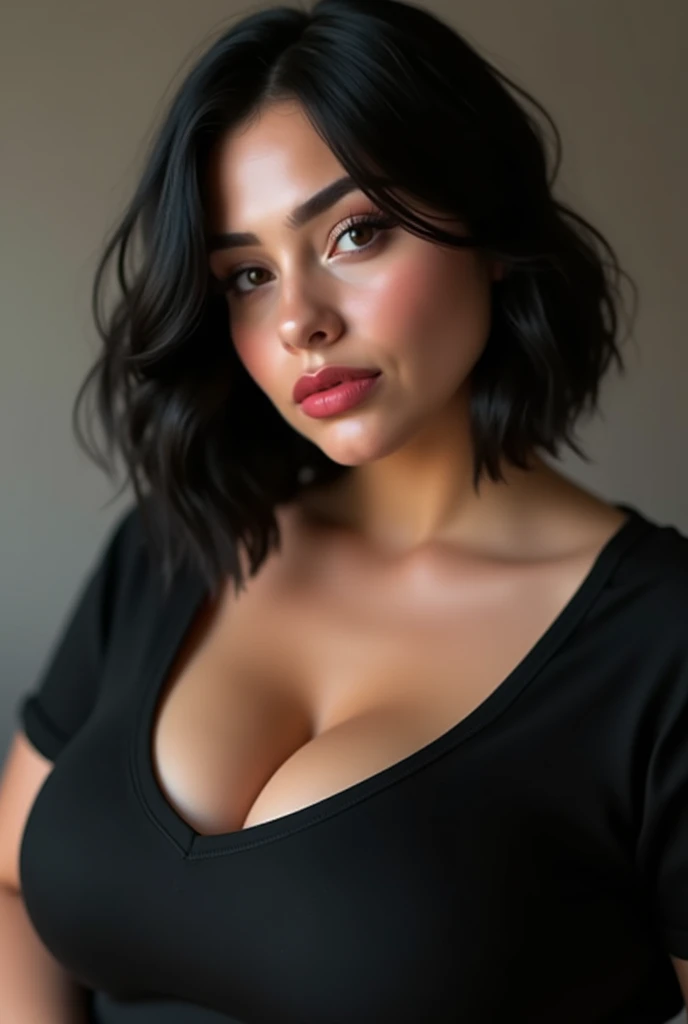 1girl, beautiful detailed eyes, beautiful detailed lips, extremely detailed face and eyes, long eyelashes, 30 year old woman from israel, sexy well-groomed, big breasts, jumbo breast, short hair, sexy pose, fat body, glamorous, perfect breast , black hair, plus size body, black t-shirt, deep neckline, (best quality,4k,8k,highres,masterpiece:1.2),ultra-detailed,(realistic,photorealistic,photo-realistic:1.37),HDR,UHD ,studio lighting,ultra-fine painting,sharp focus,physically-based rendering,extreme detail description,professional,vivid colors,bokeh,portrait