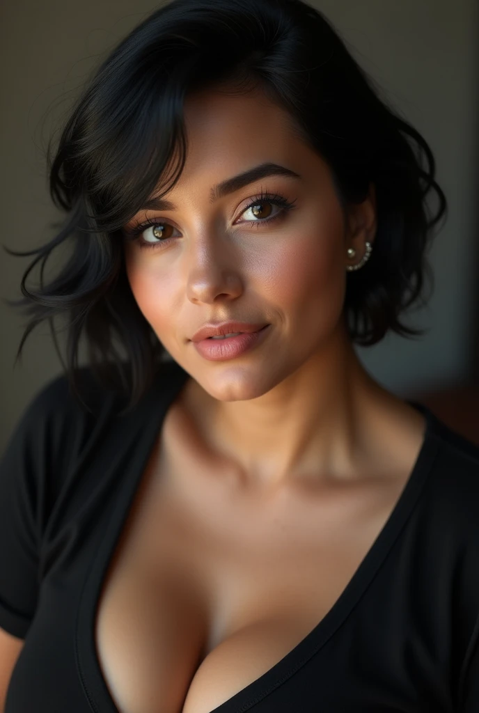 1girl, beautiful detailed eyes, beautiful detailed lips, extremely detailed face and eyes, long eyelashes, 30 year old woman from israel, sexy well-groomed, big breasts, jumbo breast, short hair, sexy pose, fat body, glamorous, perfect breast , black hair, plus size body, black t-shirt, deep neckline, (best quality,4k,8k,highres,masterpiece:1.2),ultra-detailed,(realistic,photorealistic,photo-realistic:1.37),HDR,UHD ,studio lighting,ultra-fine painting,sharp focus,physically-based rendering,extreme detail description,professional,vivid colors,bokeh,portrait