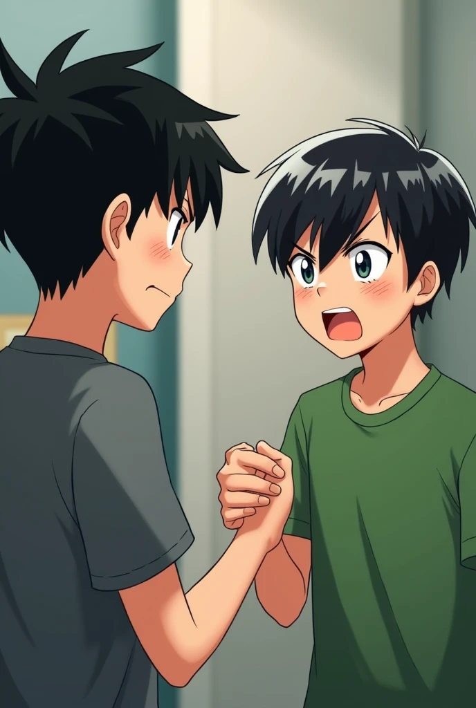 Boy in a gray shirt with short black hair shaking hands with a boy in a green shirt with black white brunette hair with an angry face with a big nose 