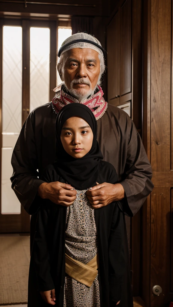 A grandfather with his beautiful 20 year old granddaughter wearing a long hijab, and the grandfather's position is between his granddaughter's chests, they are Asian.