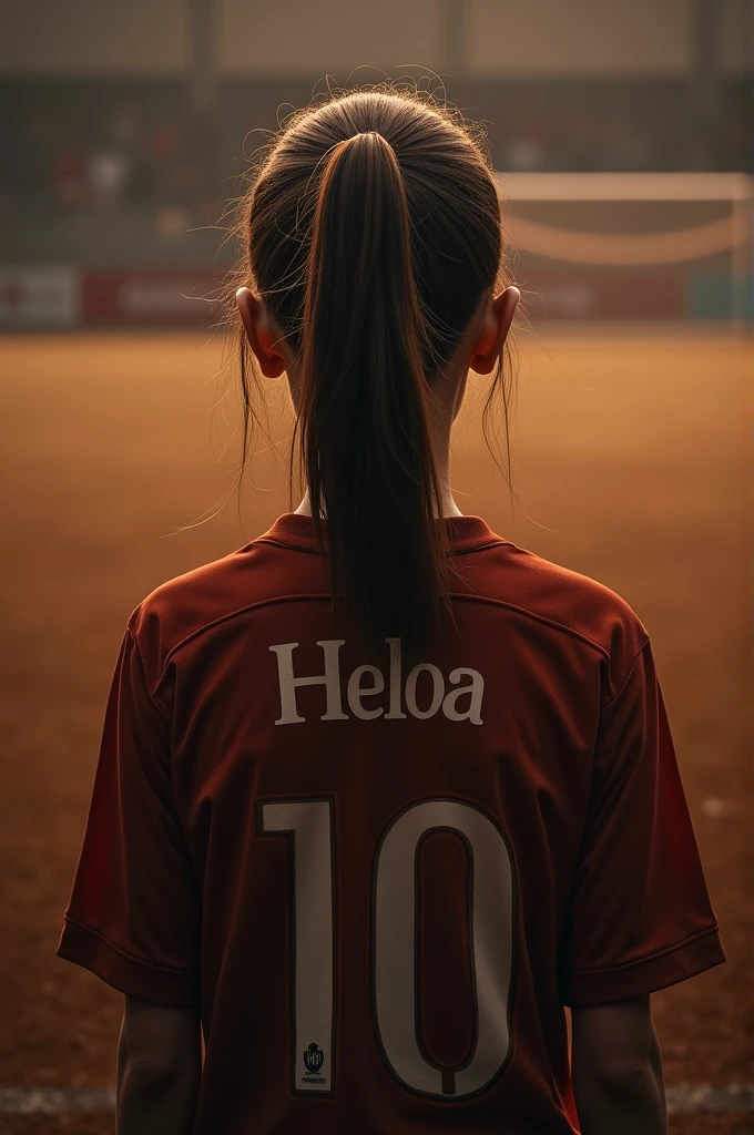 I want my name printed on the back of the shirt. My name is Heloa. In the background, the soccer field is dark brown. I have brown hair. I'm . I wear my hair tied in a ponytail.