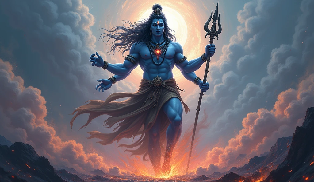 **Depiction of the fierce Mahakal form of Lord Shiva, with his third eye open, vanquishing the demon Dushan.**