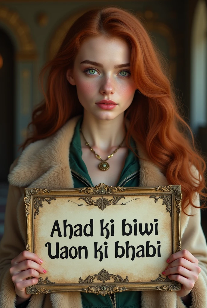 Make a beautiful Russian girl from movie....which have sign...on which is written"ahad ki biwi uaon ki bhabi"
Make her more preetier