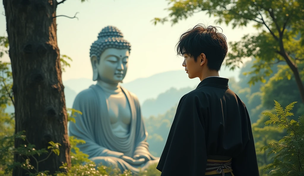 A young Japanese man in a black kimono is gazing at a giant Buddha statue in the distance,Stony, texture, expensive, Majestic, Inverted Image, The background is illuminated by sunlight., Towering Tree, Beautiful composition, A masterpiece, detailed, High resolution excited, Photo of your face, With lush natural scenery as a background, with a natural look, With a slightly tired look, tilt your face a little, Diagonal orientation, Average face