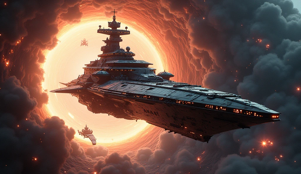 epic starship battlecruiser exiting a wormhole, fully battle ready, sci-fi