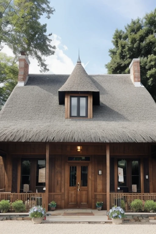 A beautiful modest stone building business with a wooden sign over the door stating "The Cantata Parlor Supper Club and Spa"  No electricity. old English thatch roof style