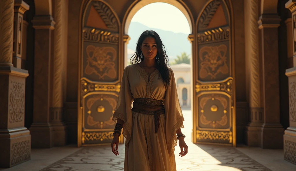 (best quality: 1.4), (Ultra Highres: 1.2), (photorealistic: 1.4), (8k, RAW photo: 1.2). The description of the Samaritan woman's physical appearance is not detailed in the biblical narrative, but her Samaritan origin suggests that she likely had similar characteristics to other people in the region, the story of the Samaritan woman. distressed and worried as she walks out of a palace