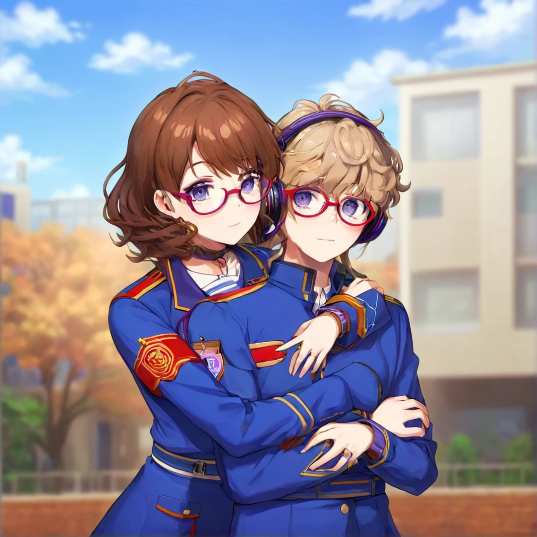 (masterpiece, best quality, very aesthetic, ultra detailed), 1 girl,intricate details,short brown / brunette haired, blue eyes, red frame glasses, kif uni blue uniform, 1guy, shaggy light brownish hair, purple eyes, headphones around neck, soft features, Blue university uniform, chocking girl softly from behind
