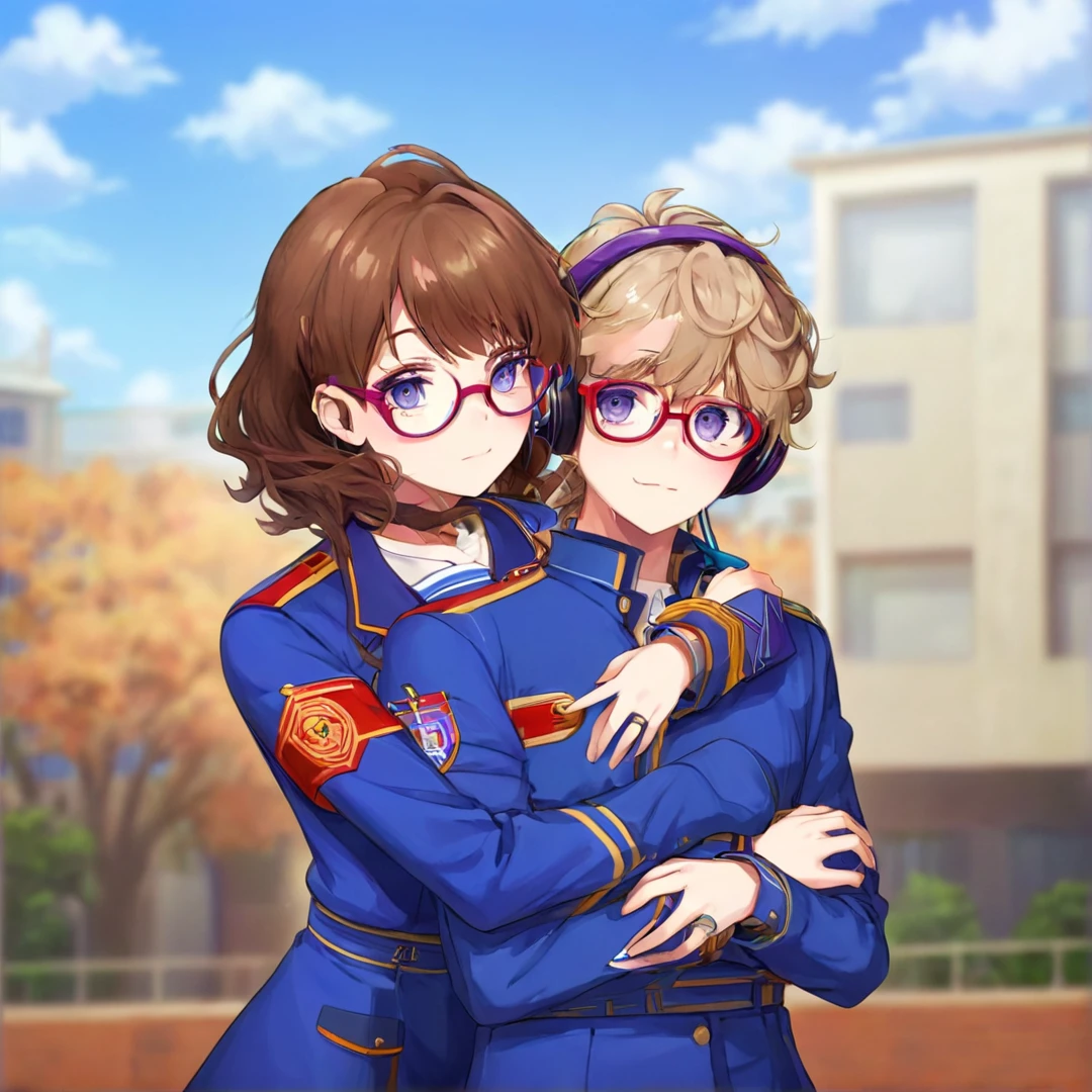 (masterpiece, best quality, very aesthetic, ultra detailed), 1 girl,intricate details,short brown / brunette haired, blue eyes, red frame glasses, kif uni blue uniform, 1guy, shaggy light brownish hair, purple eyes, headphones around neck, soft features, Blue university uniform, chocking girl softly from behind
