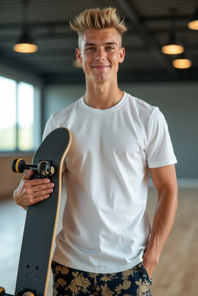 Portrait of a 17-year-old European guy, blonde luxury influencer haircut and tanned skin and perfect smile, carrying a baker skateboard, indoor skatepark, luxury , white t shirt, opal tree pattern shorts, preppy, real lighting perfect face, perfect body, canon eos r5