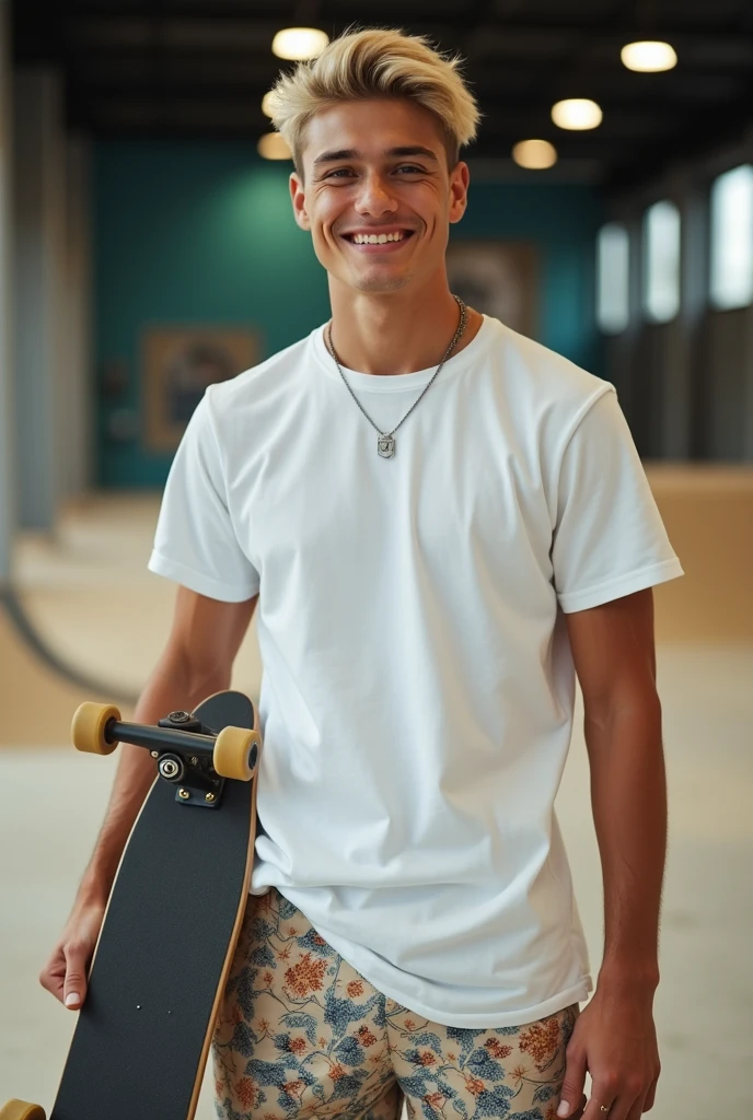 Portrait of a -yeld Euean guy, blonde luxury influencer haircut and tanned skin and perfect smile, carrying a baker skateboard, indoor skatepark, luxury , white t shirt, opal tree pattern shorts, preppy, real lighting perfect face, perfect body, canon eos r5